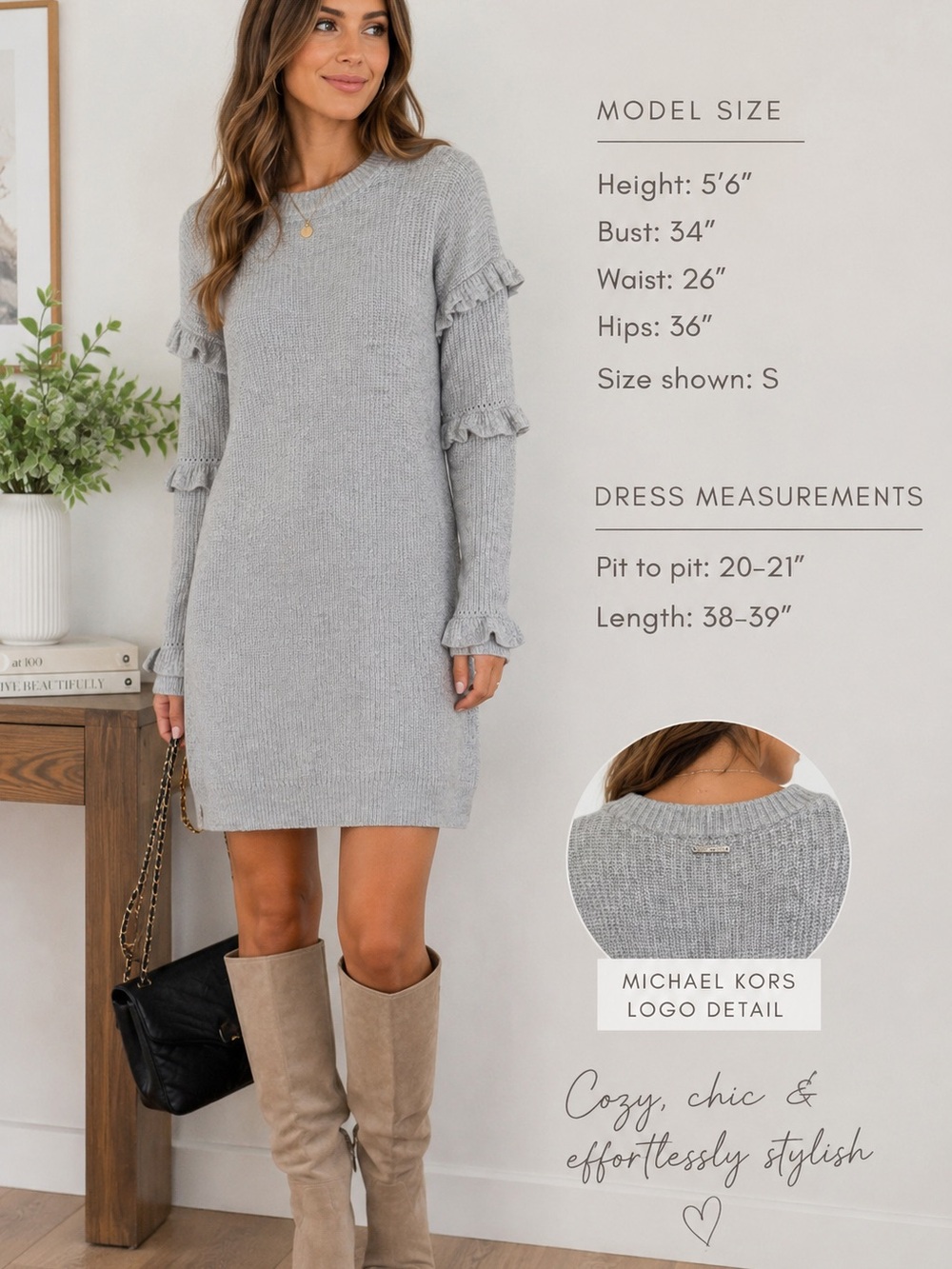 Michael Kors Grey Ruffle Wool Cashmere Sweater Dress – Size S